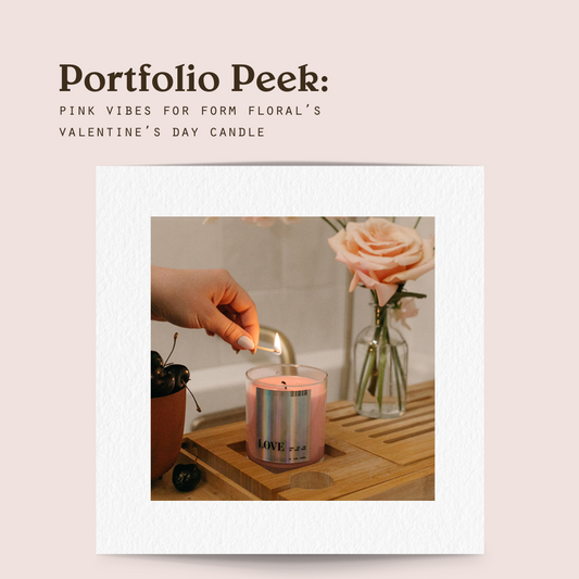 This pink custom candle with a holographic label is everything we love about Valentine’s Day. Click to learn how Standard Wax Studio brought this project to life! 
